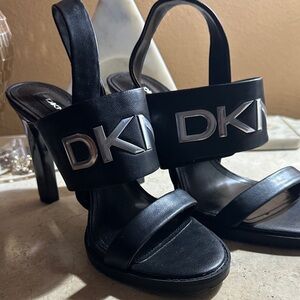 DKNY Black Heeled Sandals with Silver Logo